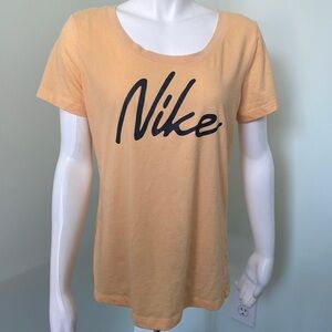 Nike Women’s Dri-FIT Script-Logo Orange Scoop Neck Training T-Shirt Medium